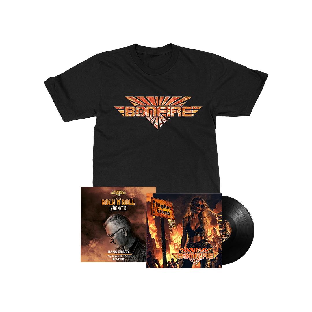 Bonfire - Higher Ground - Black Vinyl LP, T-Shirt, Audiobook